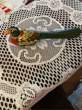 Hand-Painted Decorative Bird Figurine in Green and Red - Unbranded